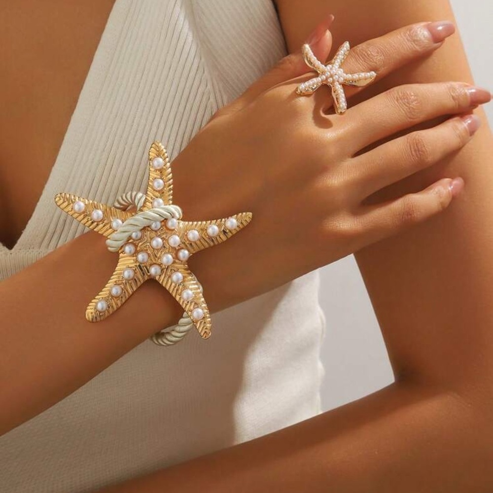 NWT Elegant Gold &White Starfish Pearl Bracelet Starfish Pearl ring  Jewelry Set